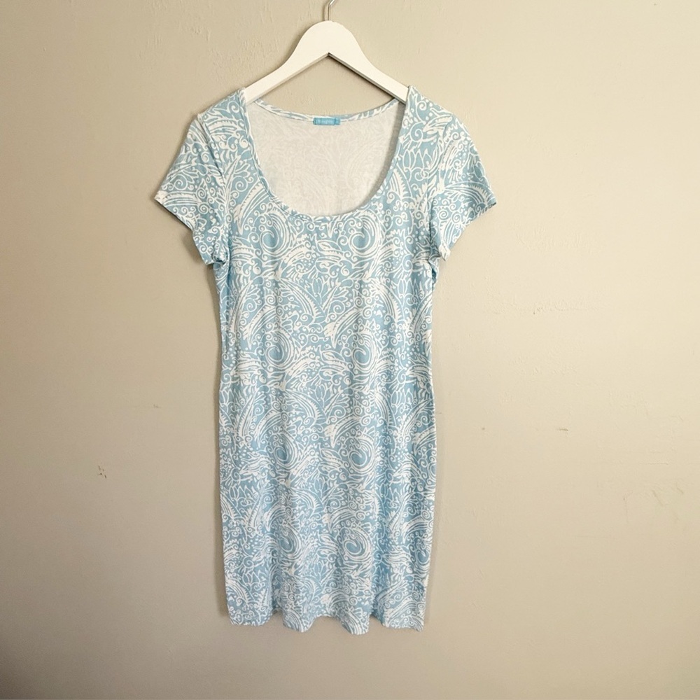 J MCLAUGHLIN Women’s Blue Print Cotton Jersey Short Sleeve Sheath Dress Size M